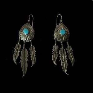3" LONG Vintage Navajo Sterling Silver Turquoise CONCHO Feather Dangle Earrings